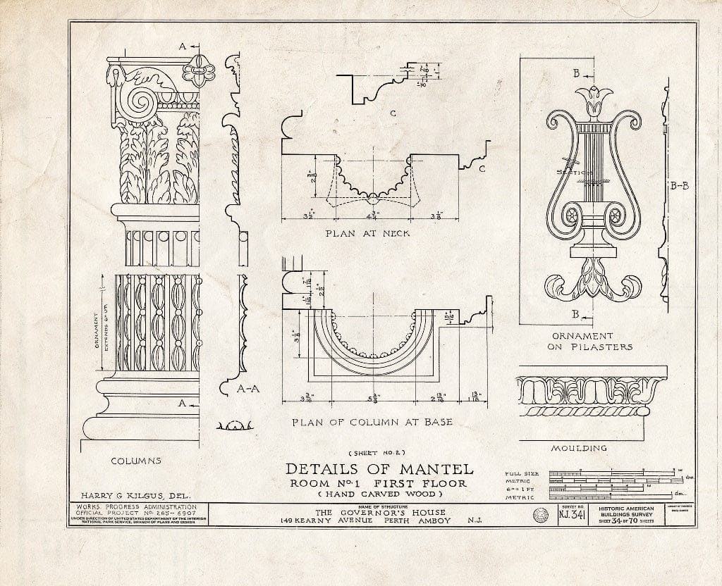 Blueprint Details of Mantel, Room No. 1, First Floor - Governor's House, 149 Kearny Avenue, Perth Amboy, Middlesex County, NJ