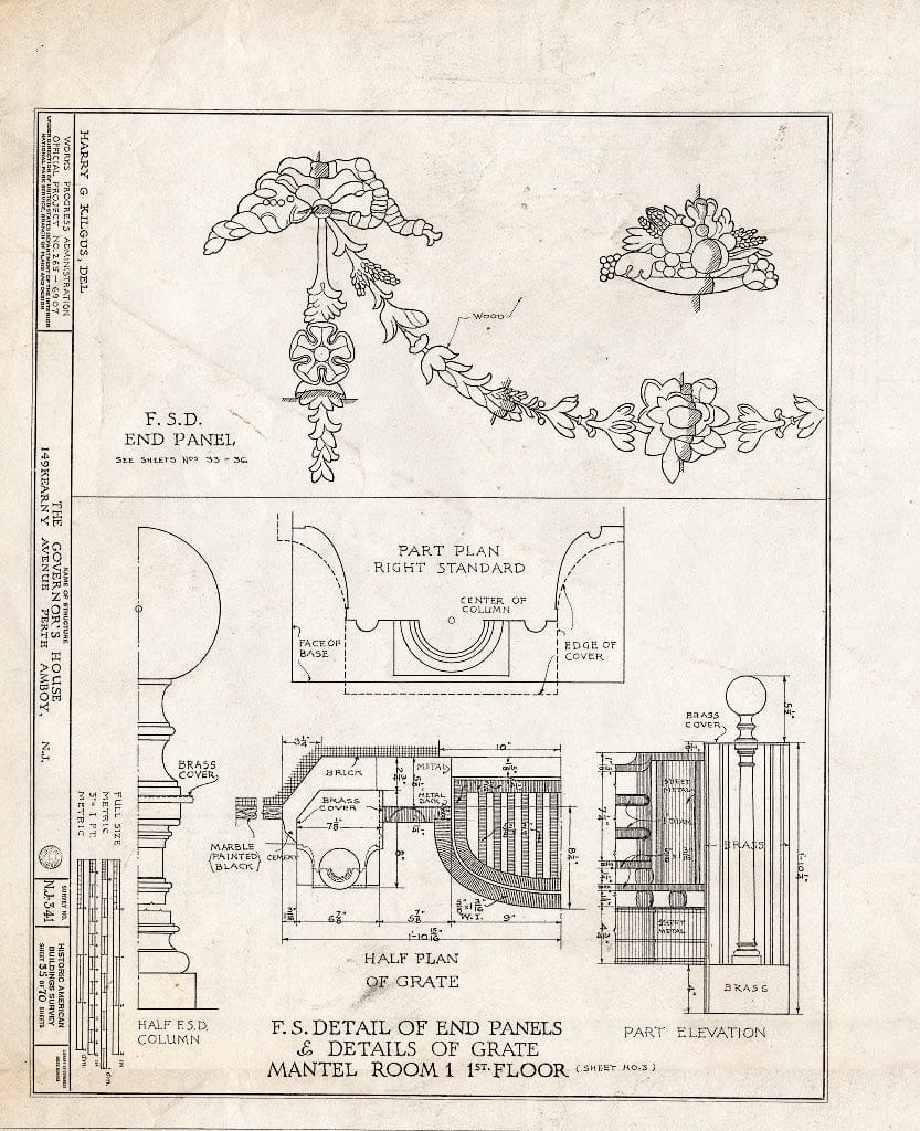 Blueprint F.S. Detail of End Panels & Details of Grate, Mantel, Room 1, 1st Floor - Governor's House, 149 Kearny Avenue, Perth Amboy, Middlesex County, NJ