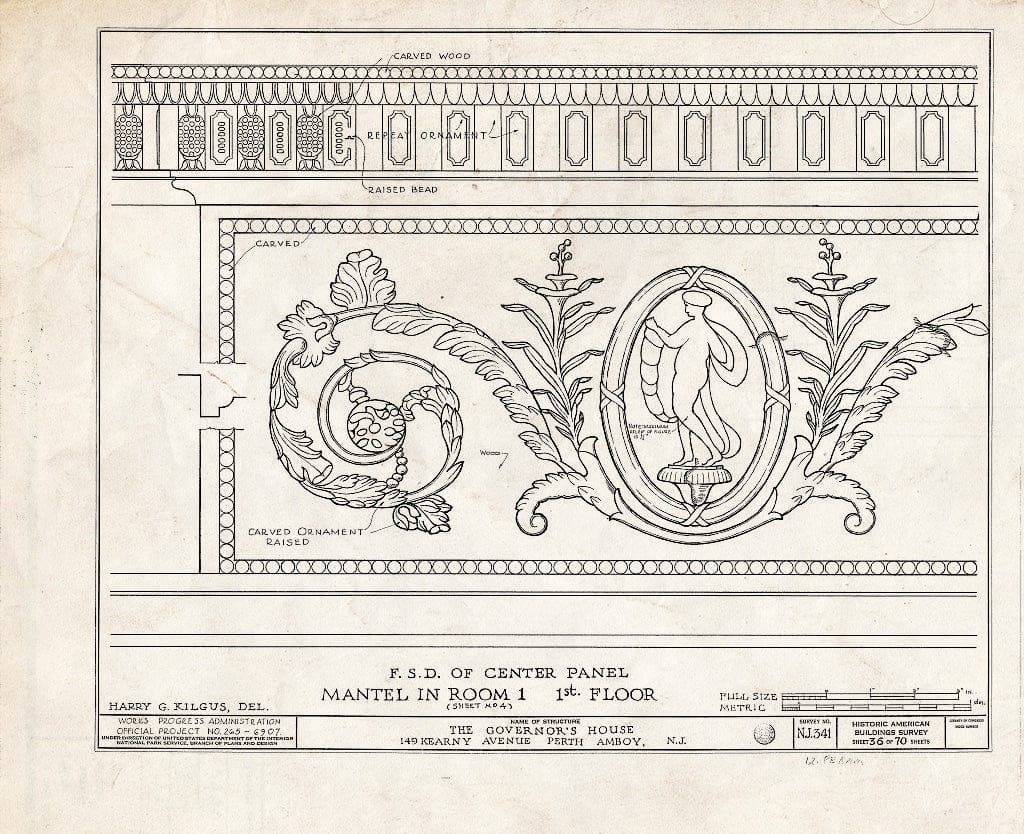 Blueprint F.S.D. of Center Panel, Mantel in Room 1, First Floor - Governor's House, 149 Kearny Avenue, Perth Amboy, Middlesex County, NJ