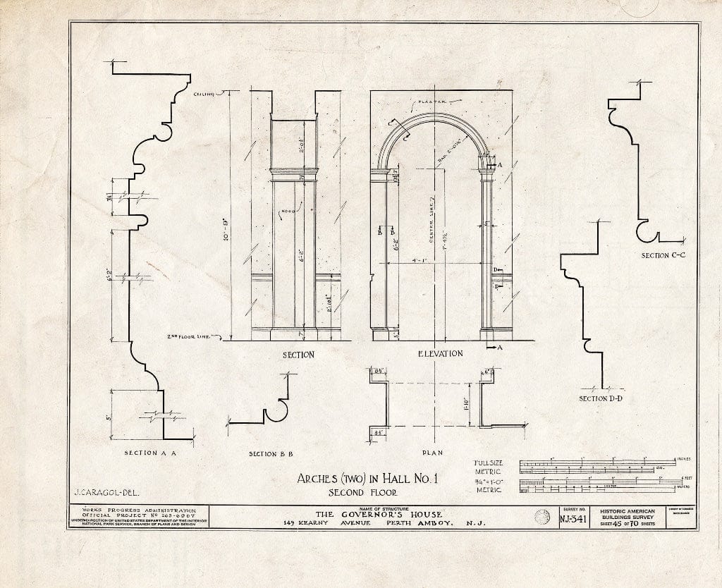 Blueprint Arches (Two) in Hall No. 1, Second Floor - Governor's House, 149 Kearny Avenue, Perth Amboy, Middlesex County, NJ