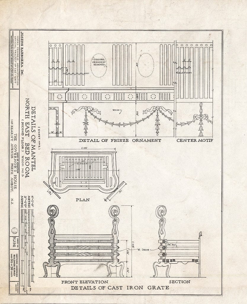 Blueprint Details of Mantel, North East Bed Room, Second Floor - Governor's House, 149 Kearny Avenue, Perth Amboy, Middlesex County, NJ