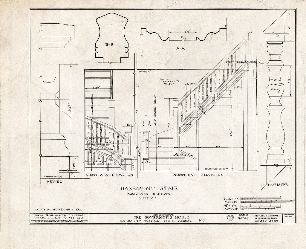 Blueprint Basement Stair, Basement to First Floor, Sheet No. 1 - Governor's House, 149 Kearny Avenue, Perth Amboy, Middlesex County, NJ