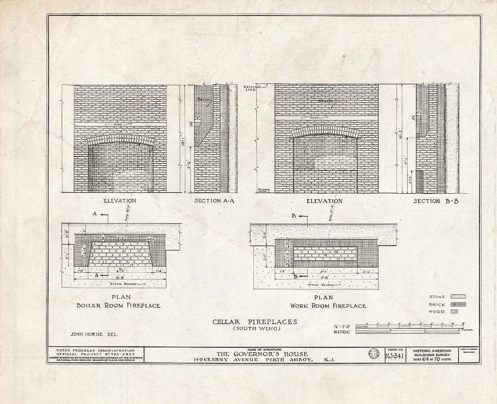 Blueprint Cellar Fireplaces (South Wing) - Governor's House, 149 Kearny Avenue, Perth Amboy, Middlesex County, NJ