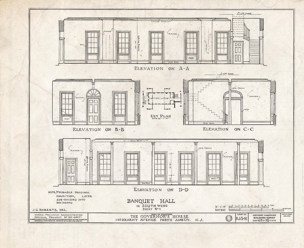 Blueprint Banquet Hall in South Wing, Sheet No. 1 - Governor's House, 149 Kearny Avenue, Perth Amboy, Middlesex County, NJ