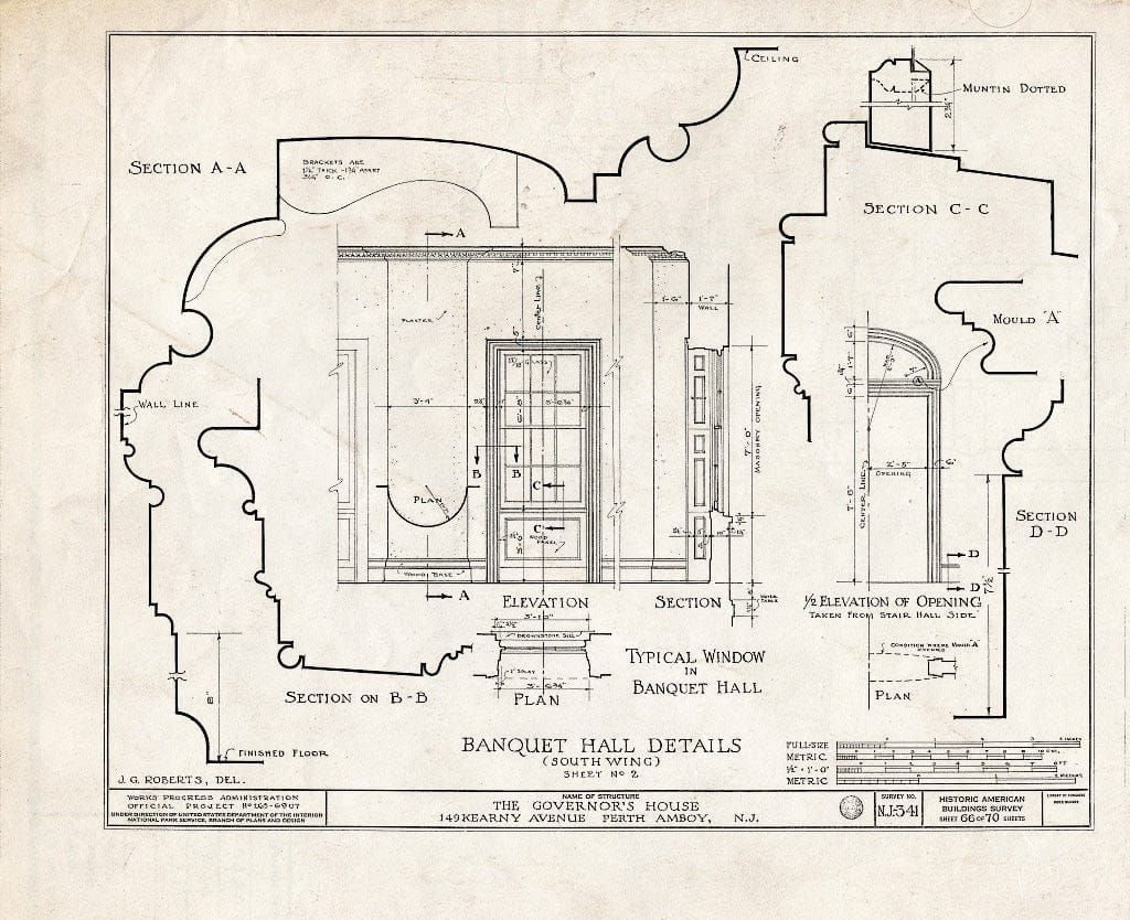 Blueprint Banquet Hall Details (South Wing), Sheet No. 2 - Governor's House, 149 Kearny Avenue, Perth Amboy, Middlesex County, NJ