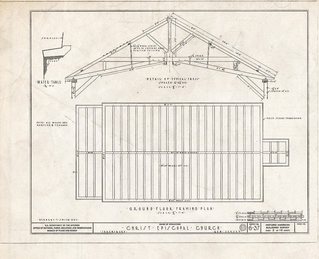 Blueprint 3. Ground Floor framing Plan - Christ Episcopal Church, Broad Street & Sycamore Avenue, Shrewsbury, Monmouth County, NJ