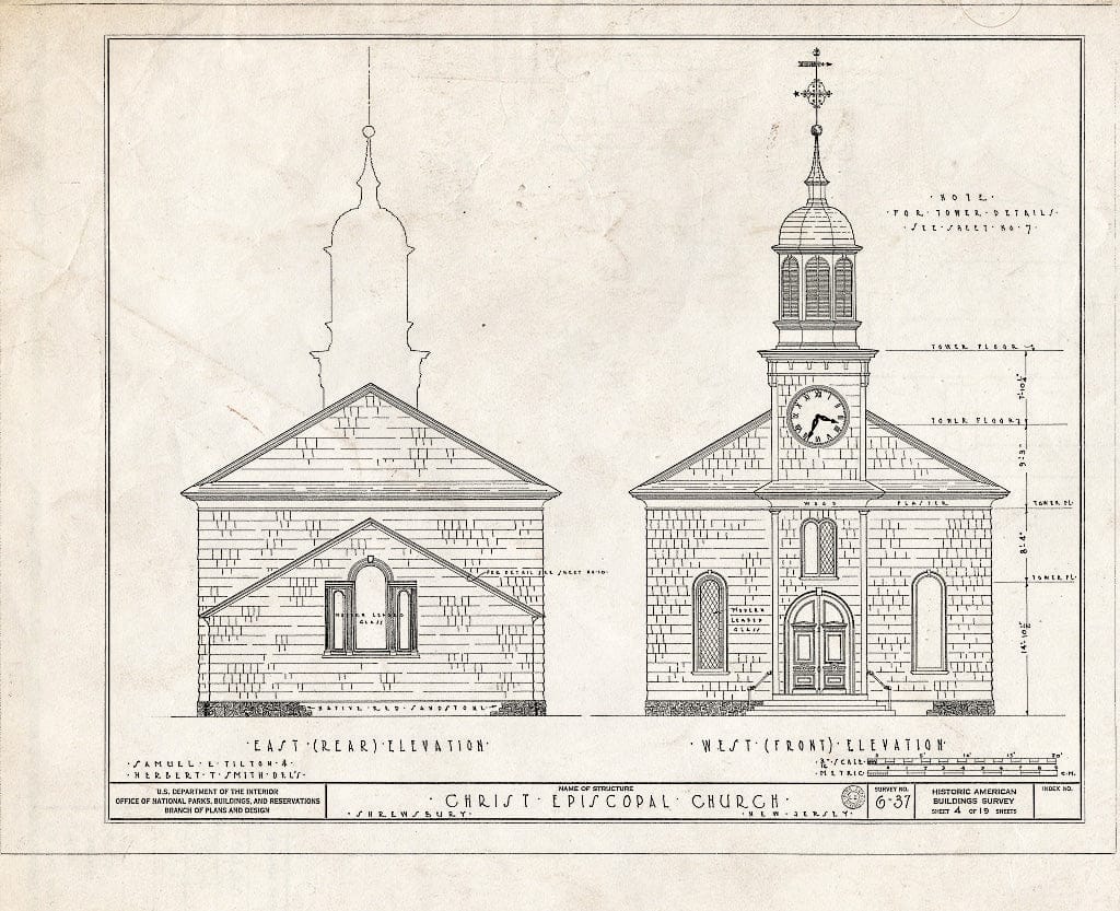 Blueprint 4. East and west (Rear and Front) elevations - Christ Episcopal Church, Broad Street & Sycamore Avenue, Shrewsbury, Monmouth County, NJ