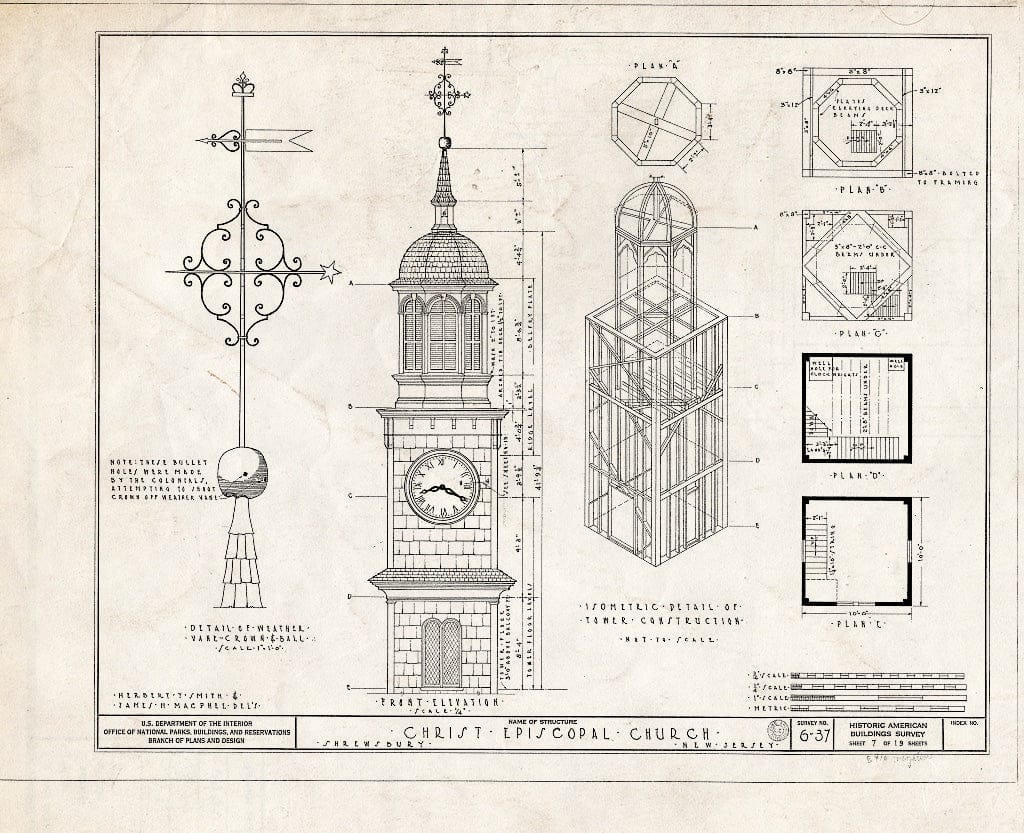 Blueprint 7. Bell Tower Details - Christ Episcopal Church, Broad Street & Sycamore Avenue, Shrewsbury, Monmouth County, NJ