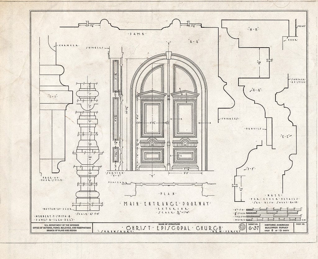 Blueprint 8. Main Entrance Door Details - Christ Episcopal Church, Broad Street & Sycamore Avenue, Shrewsbury, Monmouth County, NJ