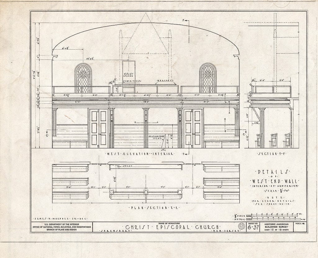 Blueprint 12. Elevation, Section, and Plan of west end Wall - Christ Episcopal Church, Broad Street & Sycamore Avenue, Shrewsbury, Monmouth County, NJ