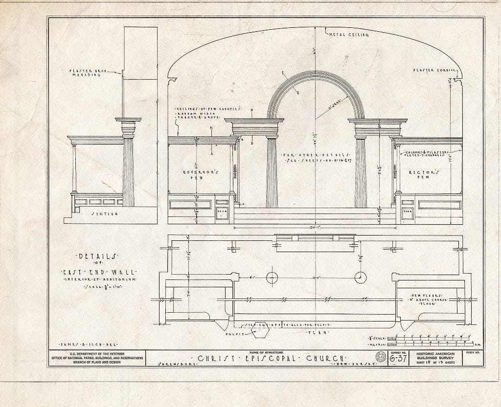 Blueprint 15. Elevation, Section, and Plan of Interior East end Wall - Christ Episcopal Church, Broad Street & Sycamore Avenue, Shrewsbury, Monmouth County, NJ