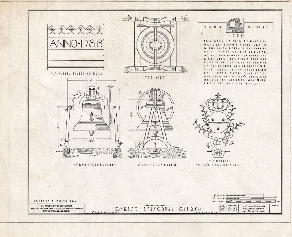 Blueprint 18. Bell Details - Christ Episcopal Church, Broad Street & Sycamore Avenue, Shrewsbury, Monmouth County, NJ