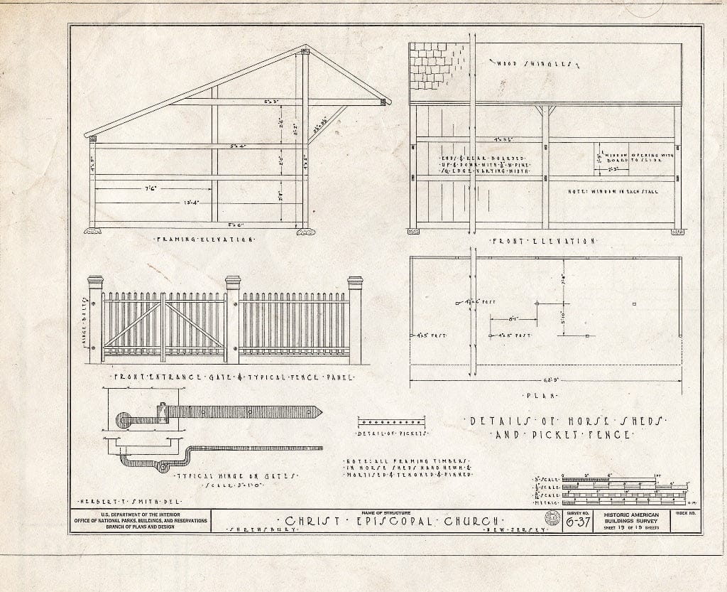 Blueprint 19. Horse Sheds and Picket Fence Details - Christ Episcopal Church, Broad Street & Sycamore Avenue, Shrewsbury, Monmouth County, NJ