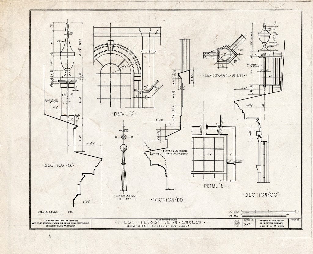 Blueprint 4. Details - First Presbyterian Church, Broad Street, Elizabeth, Union County, NJ