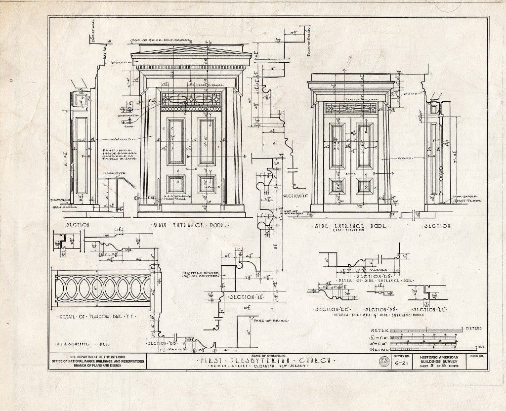 Blueprint 5. Door Details - First Presbyterian Church, Broad Street, Elizabeth, Union County, NJ