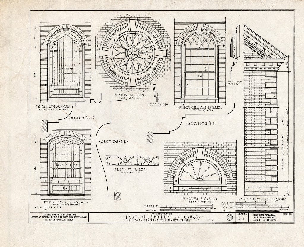 Blueprint 6. Window Details - First Presbyterian Church, Broad Street, Elizabeth, Union County, NJ