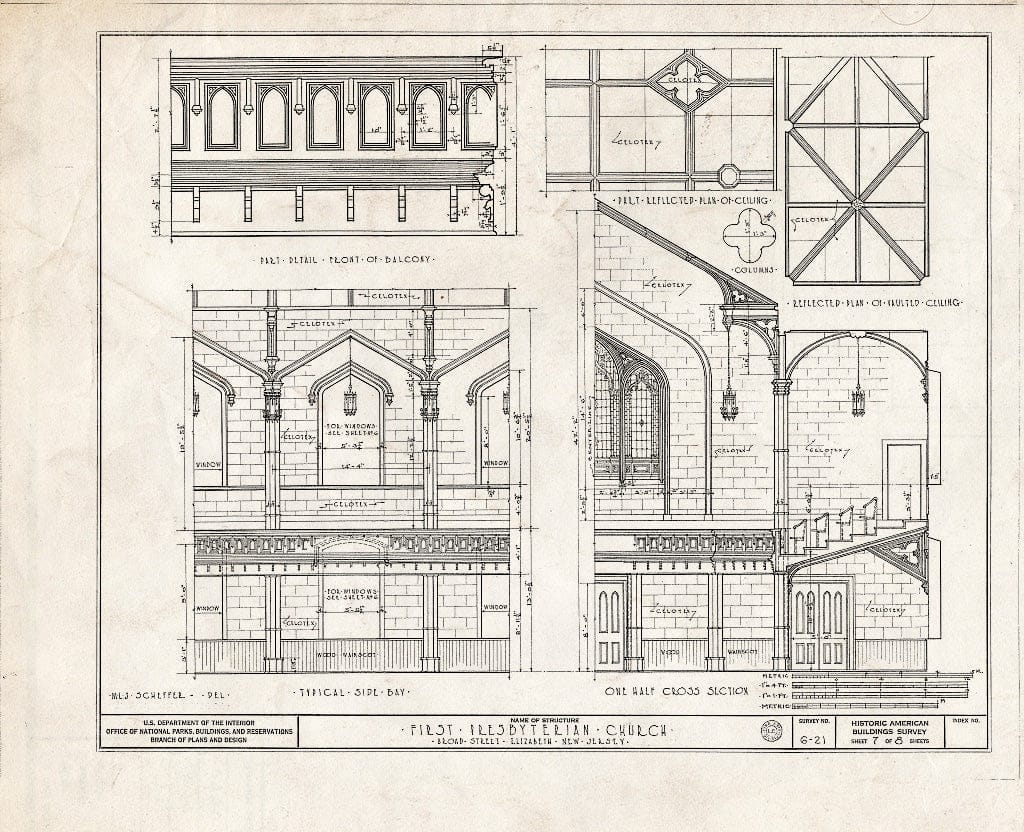 Blueprint 7. Balcony, Side Bay, Ceiling, Half Cross-Section - First Presbyterian Church, Broad Street, Elizabeth, Union County, NJ