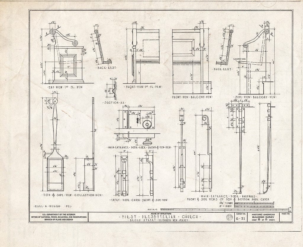 Blueprint 8. Pew Details, Collection Box, Door Hardware Details - First Presbyterian Church, Broad Street, Elizabeth, Union County, NJ