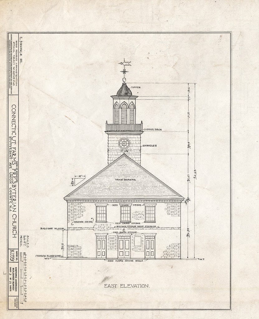 Blueprint 3. East Elevation - Connecticut Farms Presbyterian Church, Stuyvesant Avenue, Union, Union County, NJ