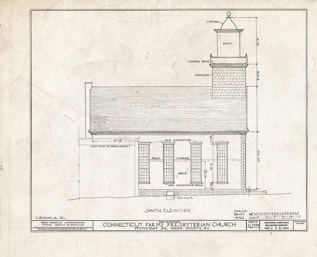 Blueprint 4. South Elevation - Connecticut Farms Presbyterian Church, Stuyvesant Avenue, Union, Union County, NJ