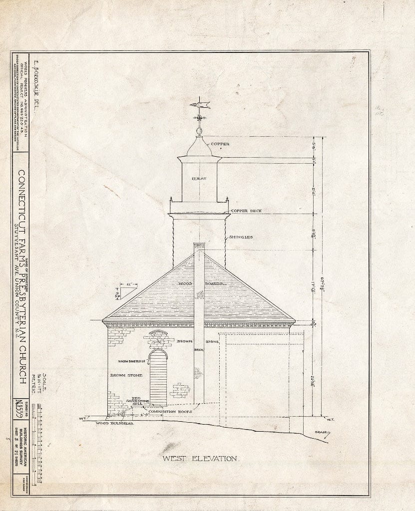 Blueprint 5. West Elevation - Connecticut Farms Presbyterian Church, Stuyvesant Avenue, Union, Union County, NJ