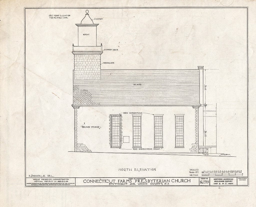 Blueprint 6. North Elevation - Connecticut Farms Presbyterian Church, Stuyvesant Avenue, Union, Union County, NJ