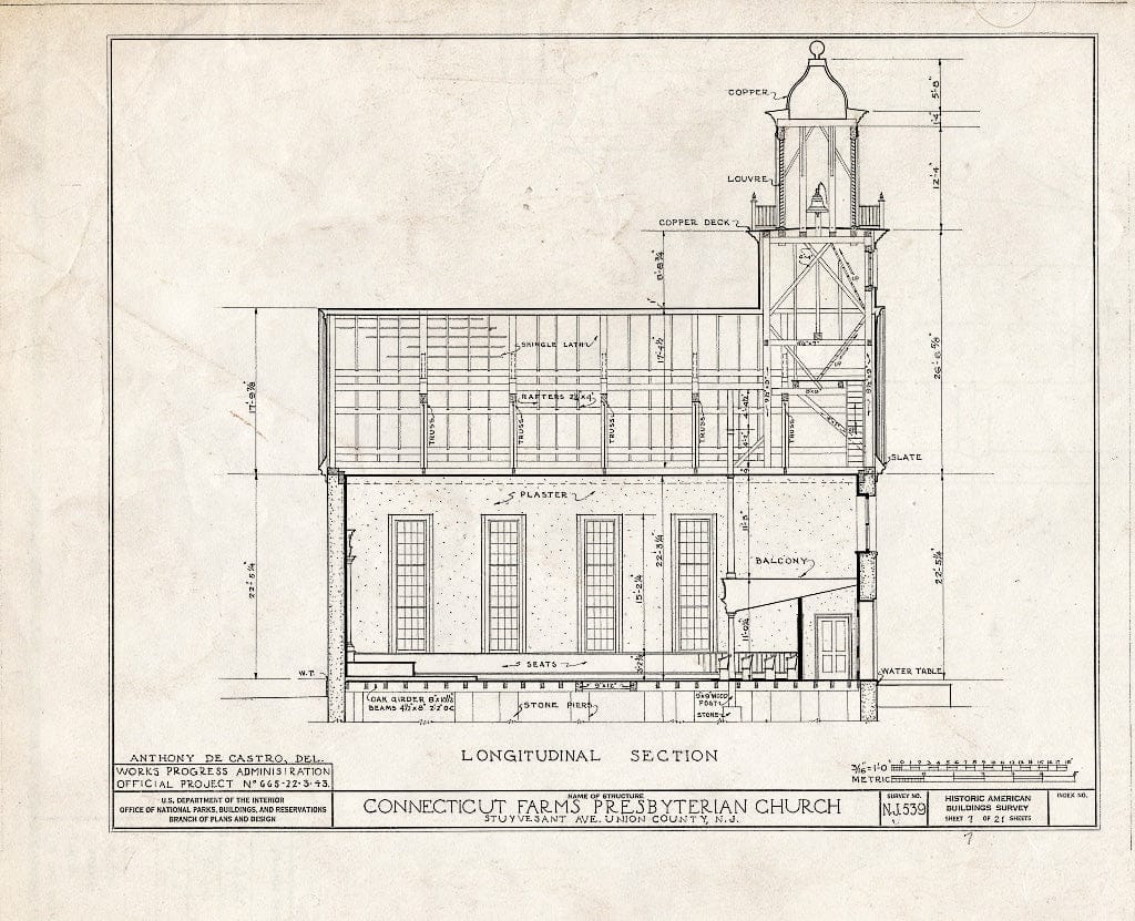 Blueprint 7. Longitudinal Section - Connecticut Farms Presbyterian Church, Stuyvesant Avenue, Union, Union County, NJ