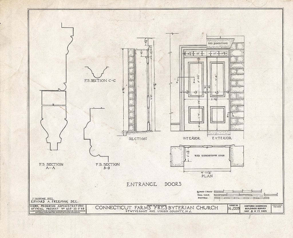 Blueprint 8. Entrance Doors - Connecticut Farms Presbyterian Church, Stuyvesant Avenue, Union, Union County, NJ