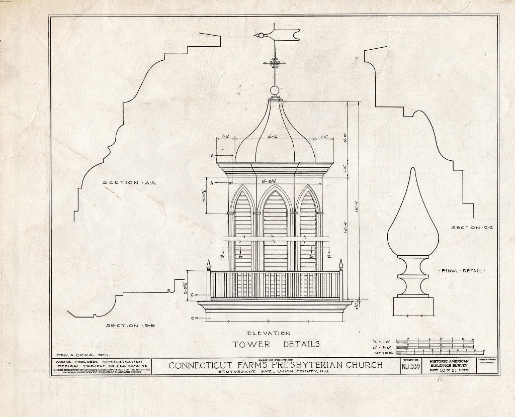 Blueprint 10. Tower Details - Connecticut Farms Presbyterian Church, Stuyvesant Avenue, Union, Union County, NJ