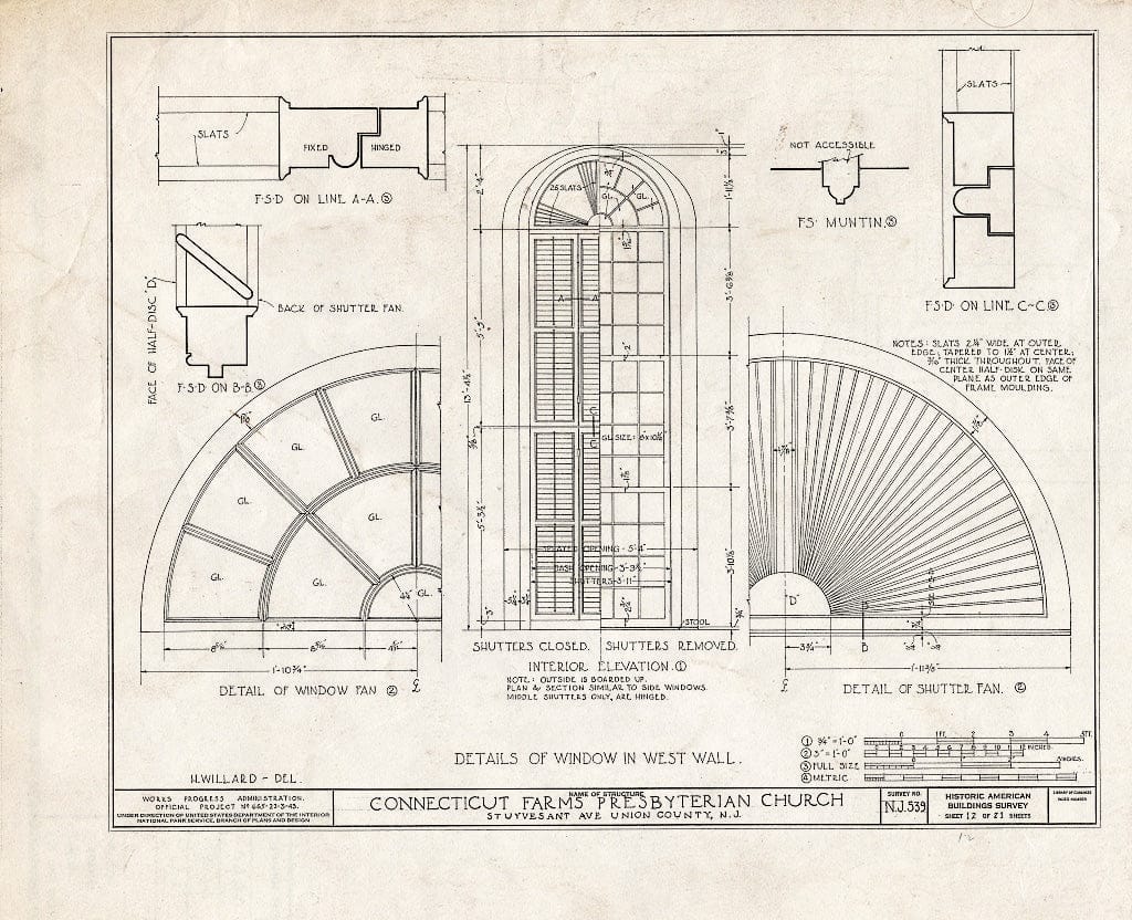 Blueprint 12. Details of Window in west Wall - Connecticut Farms Presbyterian Church, Stuyvesant Avenue, Union, Union County, NJ