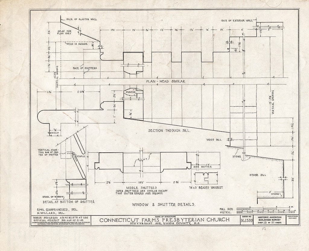 Blueprint 13. Window and Shutter Details - Connecticut Farms Presbyterian Church, Stuyvesant Avenue, Union, Union County, NJ