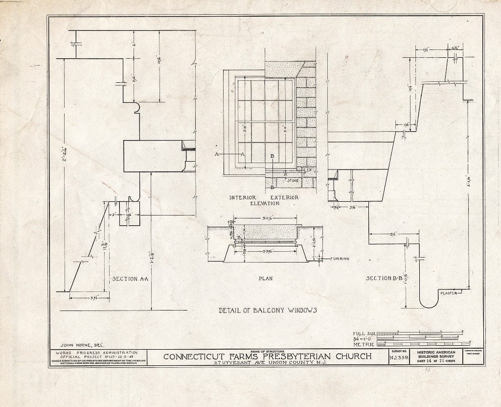 Blueprint 14. Balcony Window Details - Connecticut Farms Presbyterian Church, Stuyvesant Avenue, Union, Union County, NJ