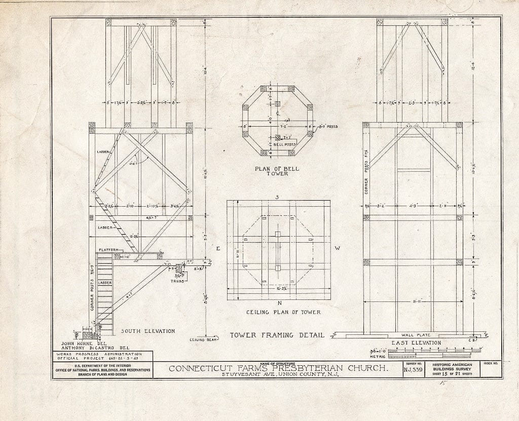 Blueprint 15. Tower framing Detail - Connecticut Farms Presbyterian Church, Stuyvesant Avenue, Union, Union County, NJ