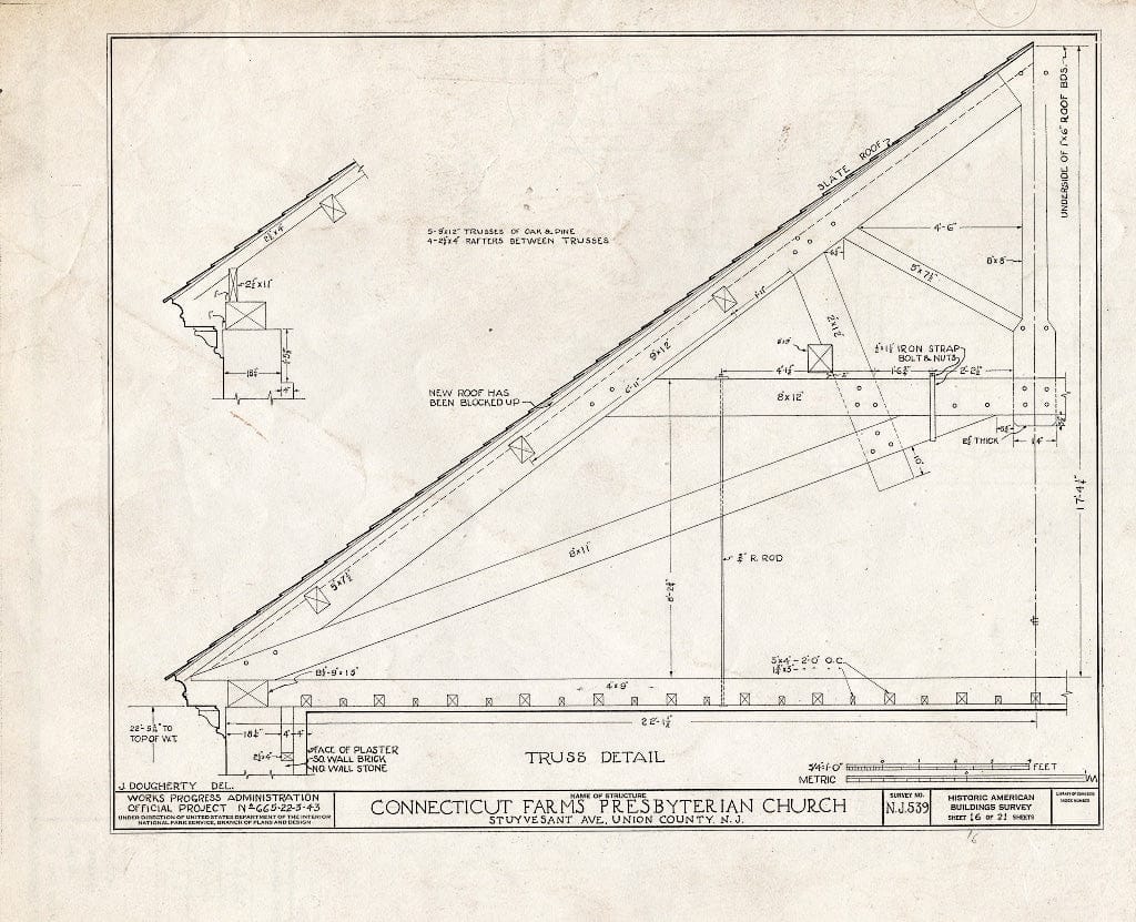 Blueprint 16. Truss Detail - Connecticut Farms Presbyterian Church, Stuyvesant Avenue, Union, Union County, NJ