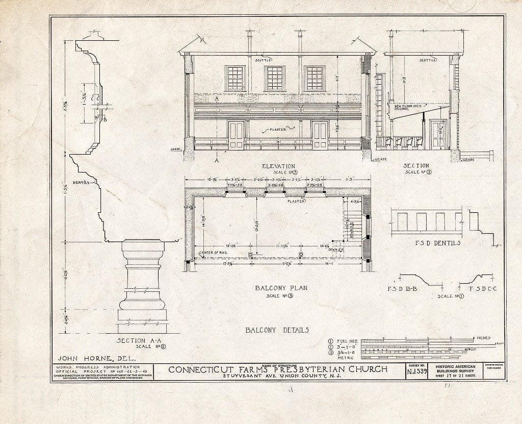 Blueprint 17. Balcony Details - Connecticut Farms Presbyterian Church, Stuyvesant Avenue, Union, Union County, NJ