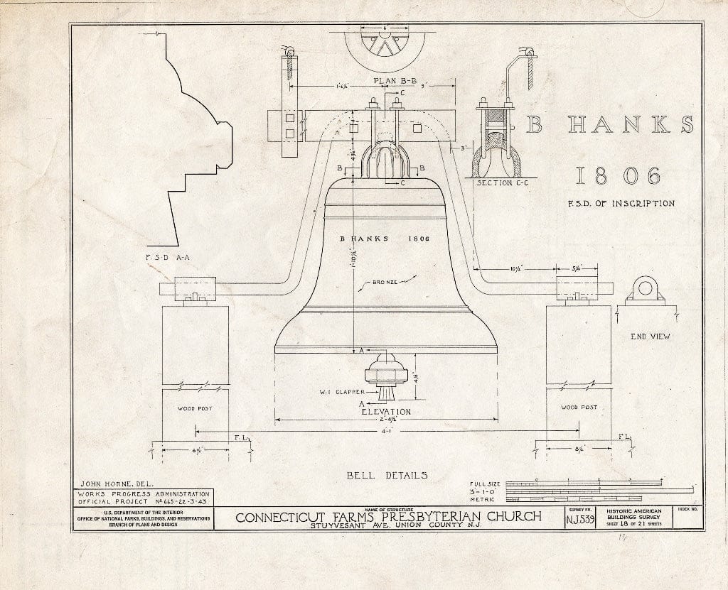 Blueprint 18. Bell Details - Connecticut Farms Presbyterian Church, Stuyvesant Avenue, Union, Union County, NJ