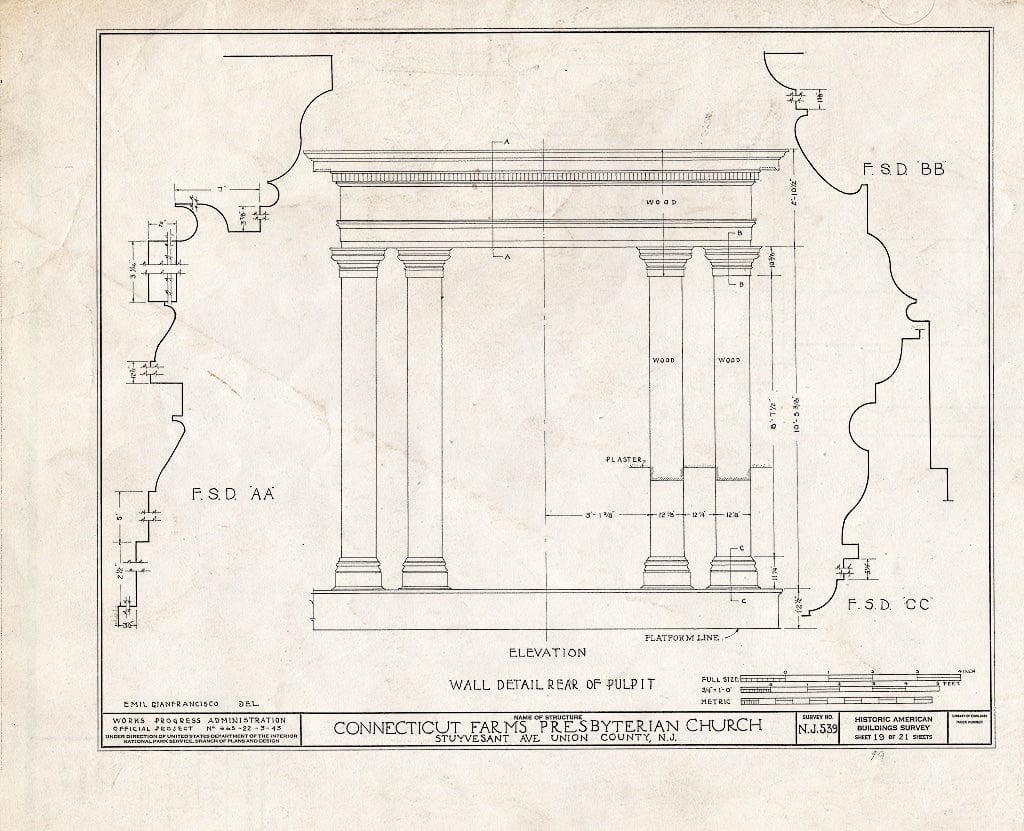 Blueprint 19. Wall Detail Rear of Pulpit - Connecticut Farms Presbyterian Church, Stuyvesant Avenue, Union, Union County, NJ