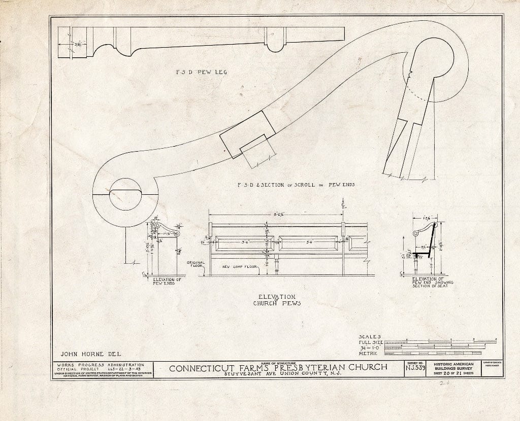 Blueprint 20. Church pews - Connecticut Farms Presbyterian Church, Stuyvesant Avenue, Union, Union County, NJ