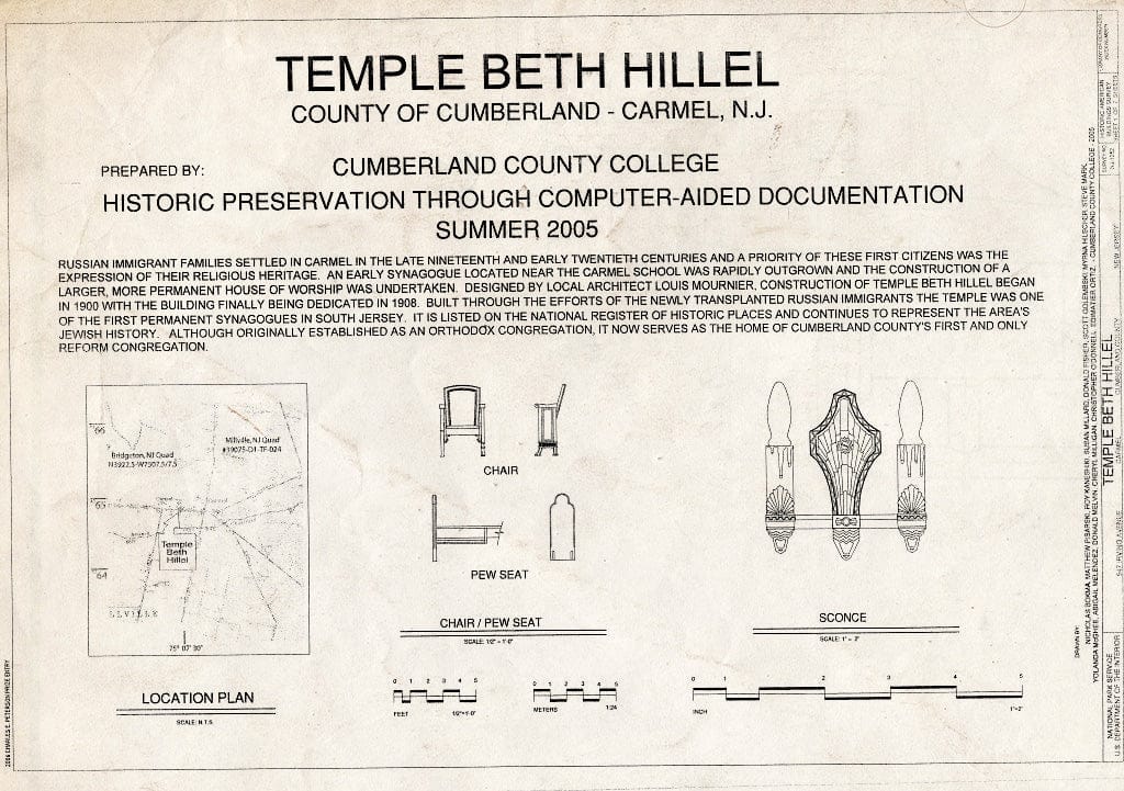 Blueprint Cover Sheet - Temple Beth Hillel, 547 Irving Avenue, Millville, Cumberland County, NJ