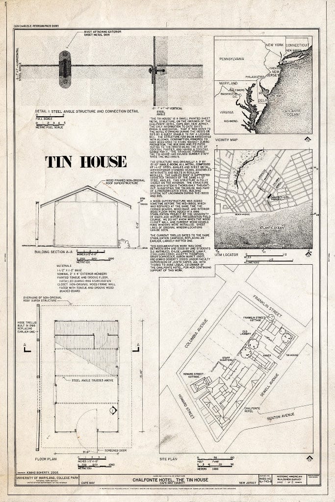 Blueprint Cover Sheet, Floor Plan, Site Plan, and Section - Chalfonte Hotel, Tin House, Howard Street & Sewell Avenue, Cape May, Cape May County, NJ