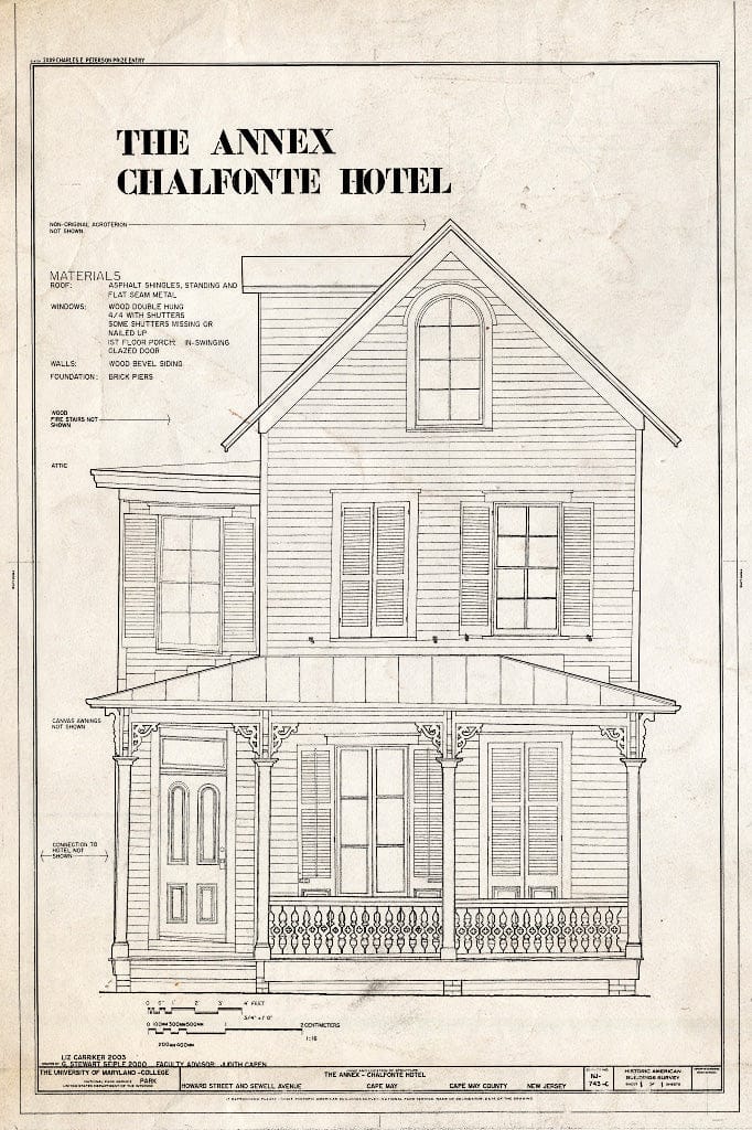 Blueprint Front Elevation - Chalfonte Hotel, Annex, Howard Street & Sewell Avenue, Cape May, Cape May County, NJ