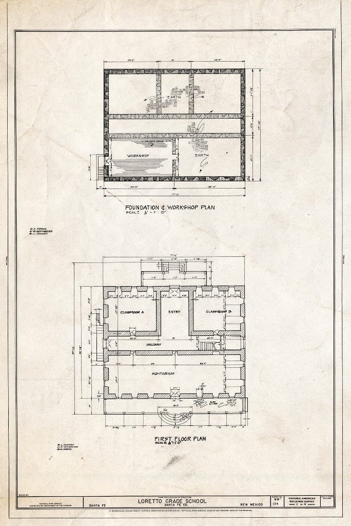 Blueprint First Floor and Foundation and Workshop Plans - Grade School at Loretto Academy, Don Gaspar Avenue & East Water Street, Santa Fe, Santa Fe County, NM