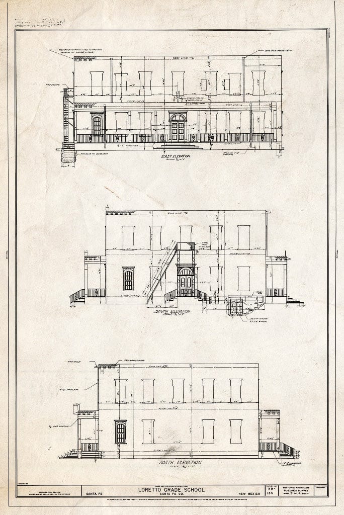 Blueprint East, South & North Elevations - Grade School at Loretto Academy, Don Gaspar Avenue & East Water Street, Santa Fe, Santa Fe County, NM