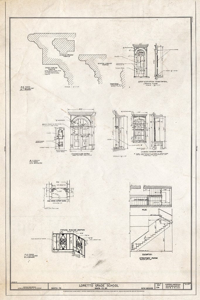 Blueprint Door and Stair Details - Grade School at Loretto Academy, Don Gaspar Avenue & East Water Street, Santa Fe, Santa Fe County, NM