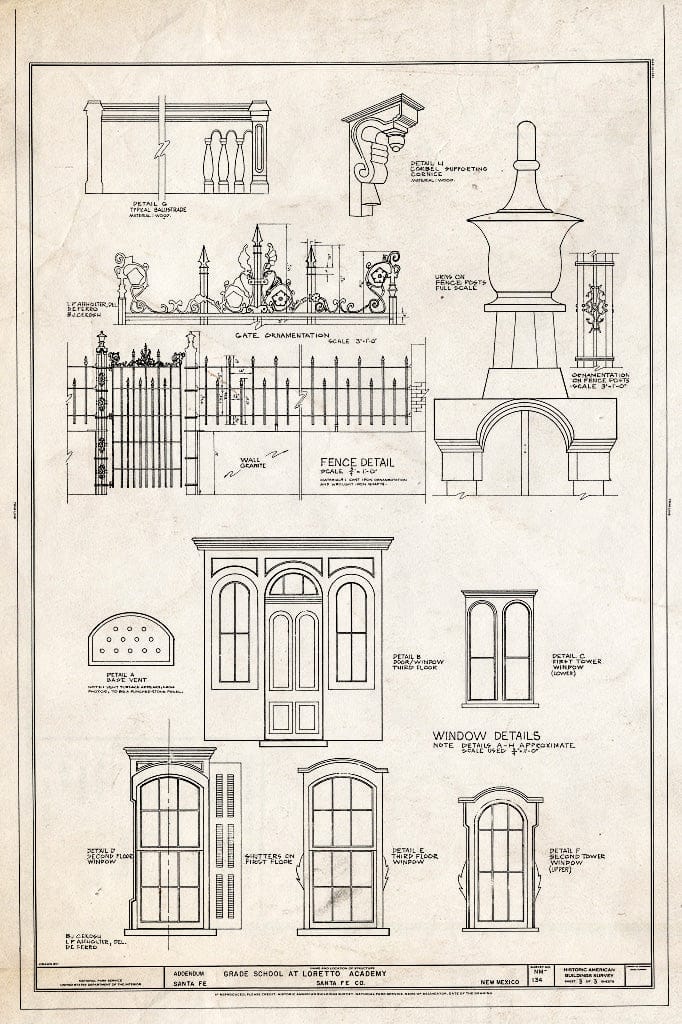 Blueprint Door, Window and Fence Details - Grade School at Loretto Academy, Don Gaspar Avenue & East Water Street, Santa Fe, Santa Fe County, NM