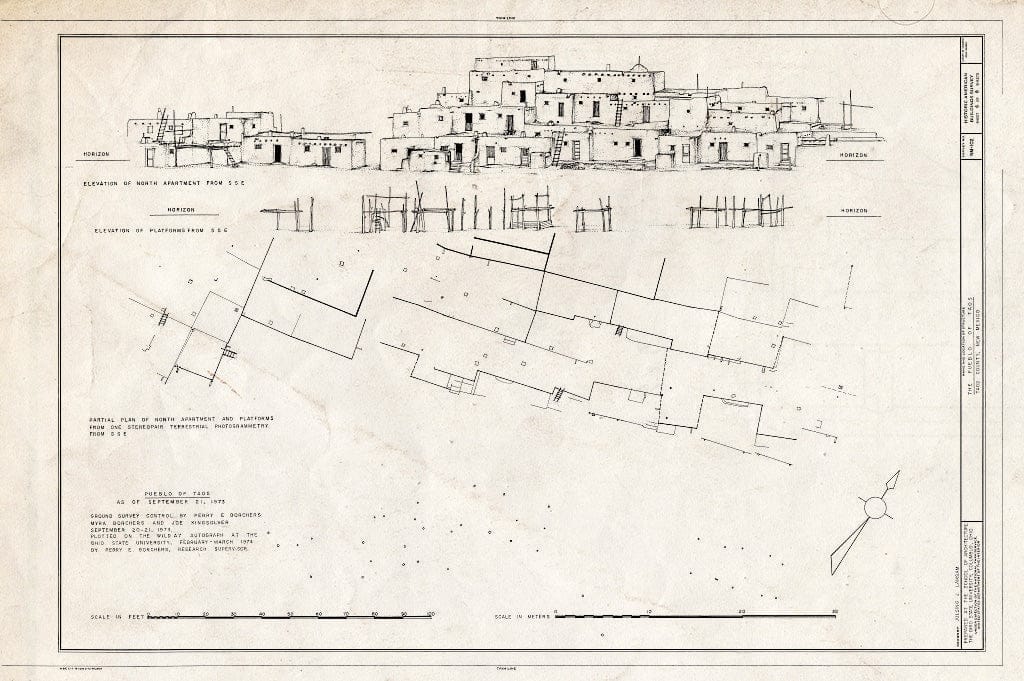 Blueprint Elevation and Partial Plan of North Apartment - Pueblo of Taos Central Portion, Taos Pueblo, Taos County, NM