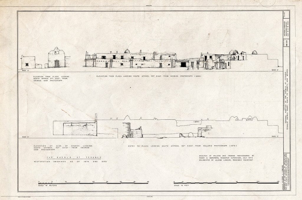 Blueprint Elevations from Plaza and Elevations of Church - Pueblo of Tesuque, Central Portion, Tesuque River Vicinity, Tesuque, Santa Fe County, NM