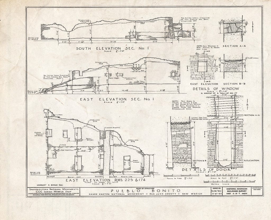 Blueprint 4. Elevations, Sections, Window Details, Door Details - Pueblo Bonito, South Terminus of NM56 & North Terminus of NM164, Nageezi, San Juan County, NM