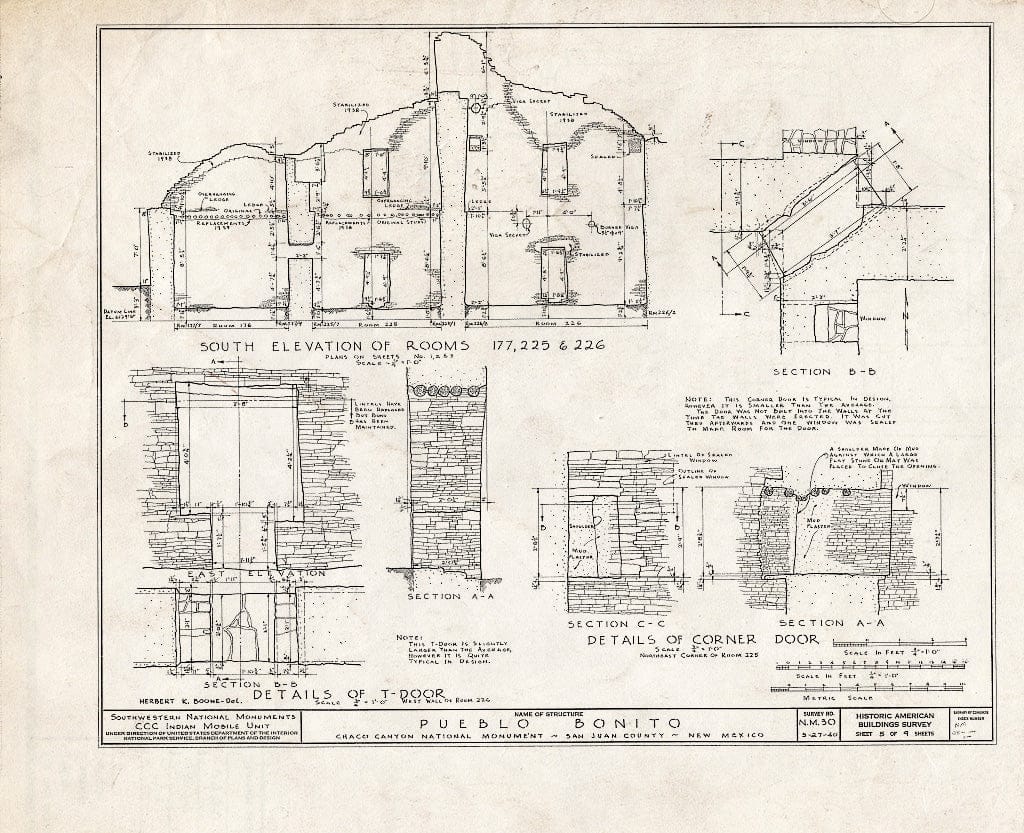 Blueprint 5. South elevations (rooms 177, 225 & 226); details (T-door, corner door) - Pueblo Bonito, South terminus of NM56 & North terminus of NM164, Nageezi, San Juan County, NM