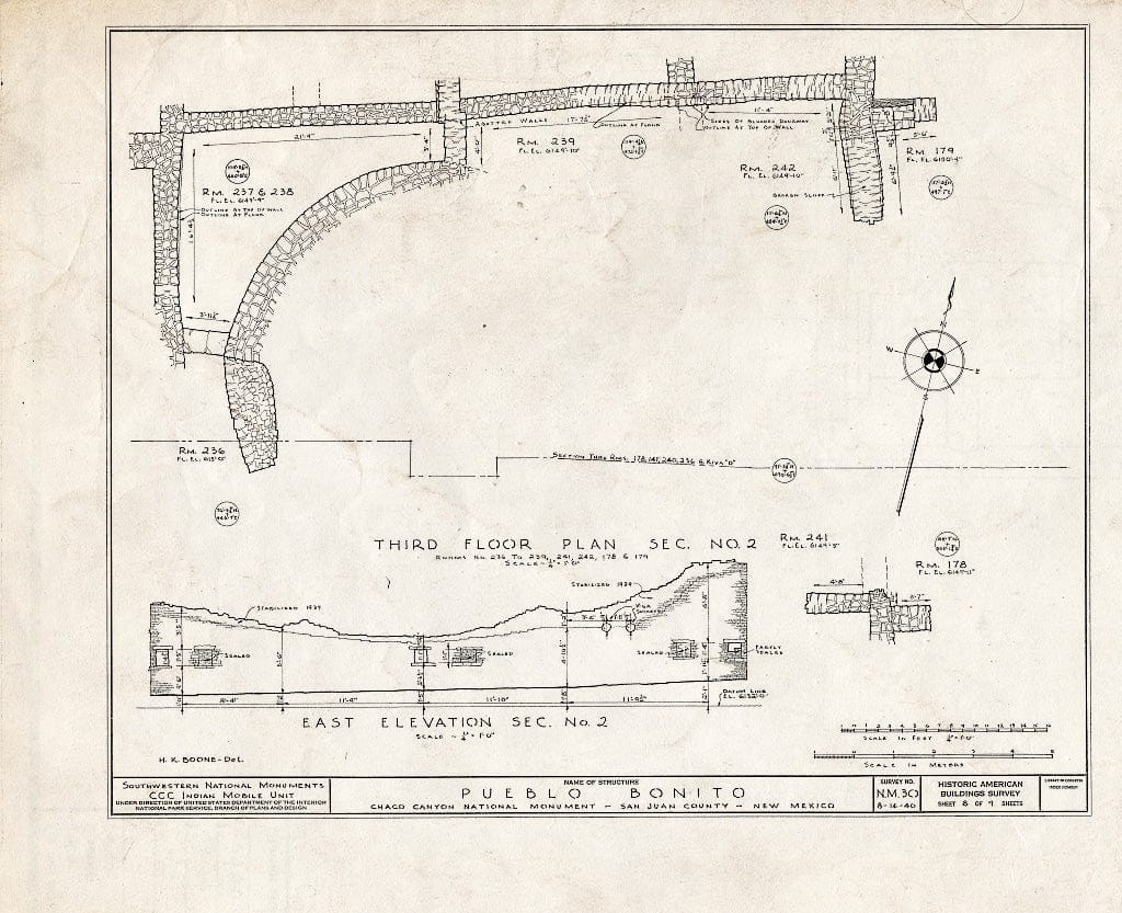 Blueprint 8. Third Floor Plan, Section #2; East Elevation, Section #2 - Pueblo Bonito, South Terminus of NM56 & North Terminus of NM164, Nageezi, San Juan County, NM